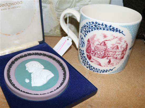 Wedgwood 225th Anniversary jasperware plaque, 99/500 and a commemorative mug (both boxed)